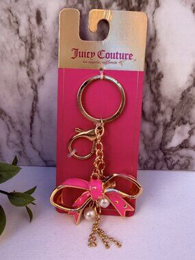 Juicy Couture Bow Keychain Gold Tone Pink Enamel Pearl Charm Bag Charm